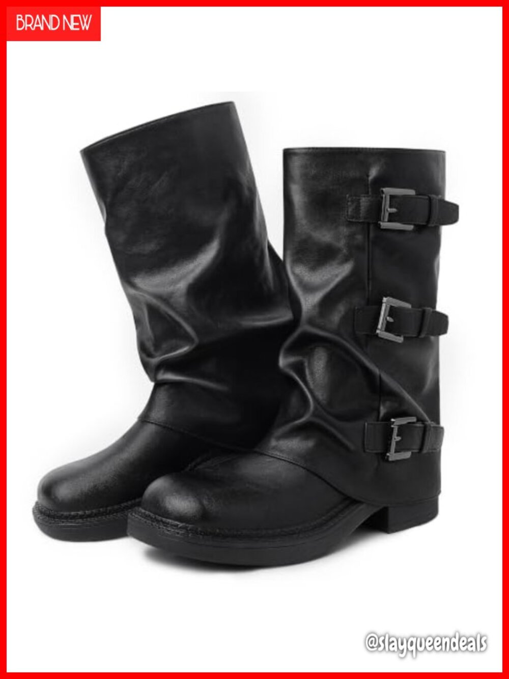 Ruched Mid Calf Boots Buckle Chunky Heel Pull On Women's